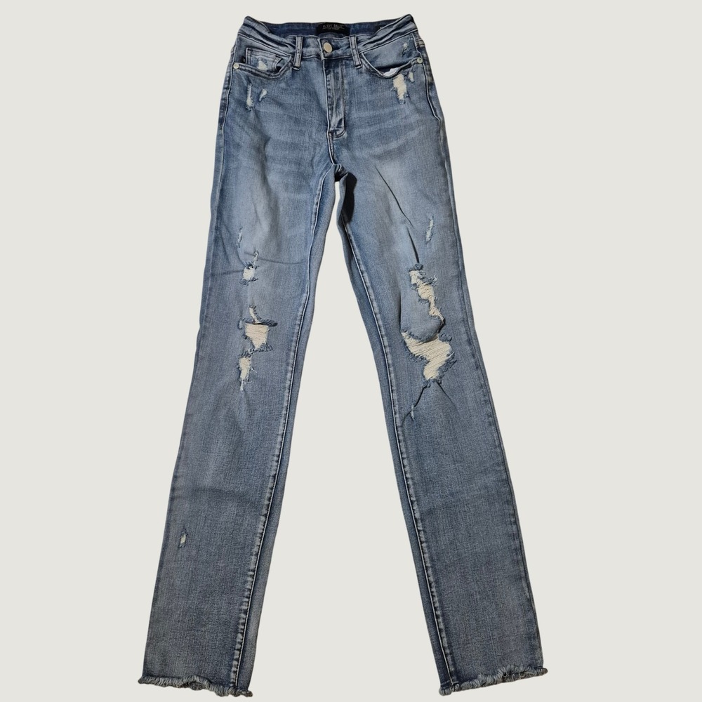 Judy Blue Boyfriend Jeans Size 1/25 Distressed Raw Hem Stretch Denim Blue